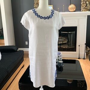 White Linen Blue Embroidered Dress